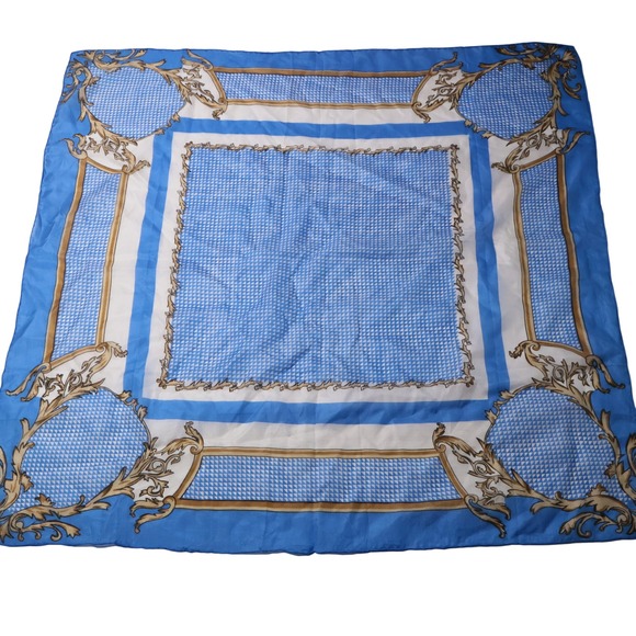 Accessories - Vintage Blue Gold Baroque Geometric Print Square Scarf 28.5" Old Money Retro VTG